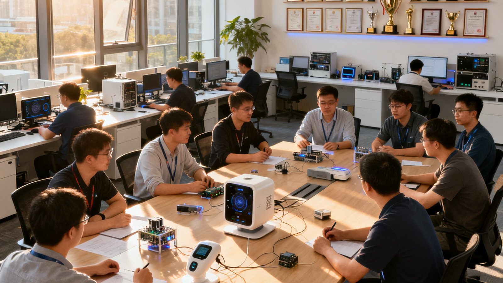 彩神vl北京研发中心的开放式办公区内，二十余位工程师围坐在长桌旁讨论第四代运动体征监测设备原型，背景墙面上陈列着37项专利证书和多个行业奖项奖杯，阳光透过落地窗洒在工作台上。