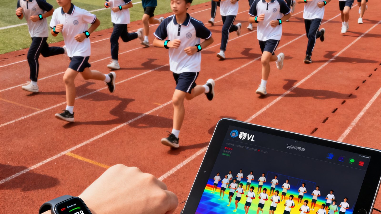 一所中学的体育课上，四十多名学生佩戴着彩神vl智能手环在塑胶跑道上跑步，手环屏幕显示实时心率数据，操场边的平板终端同步呈现全班运动负荷热力图。