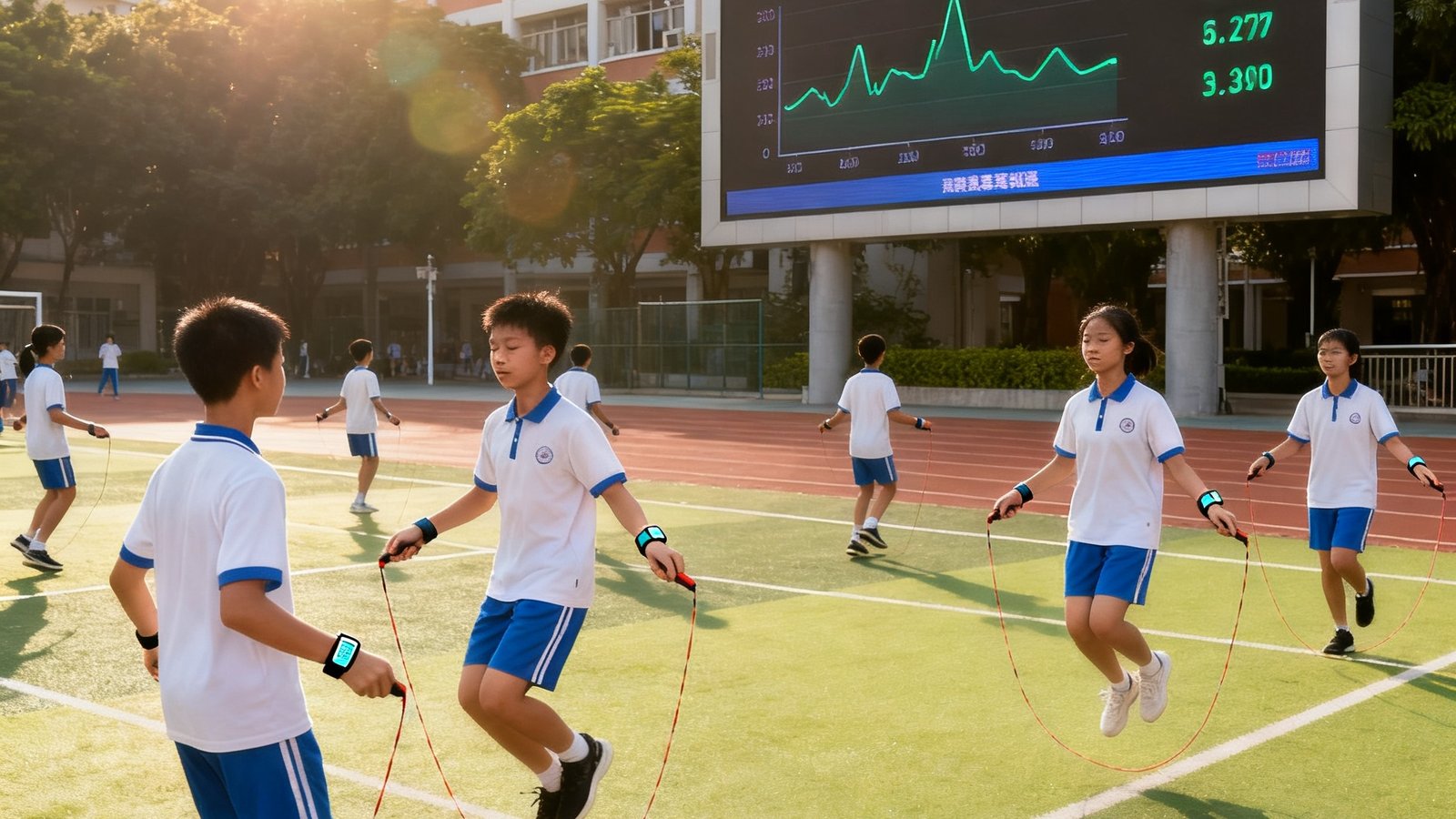 广州某重点中学的标准化操场上，学生们正在进行体育课跳绳测试，每人佩戴的智能手环实时传输数据到操场旁的大型显示屏上，显示着班级平均心率与运动完成度。