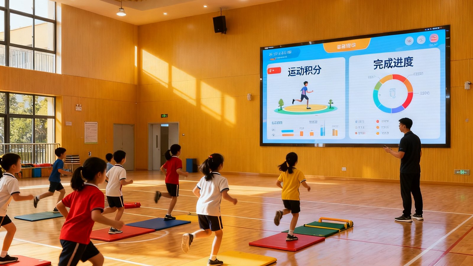 成都一所小学的室内体育馆中，二年级学生正在进行体适能训练，墙壁上的互动屏幕实时显示每个孩子的运动积分和完成进度，教练根据数据调整训练强度。
