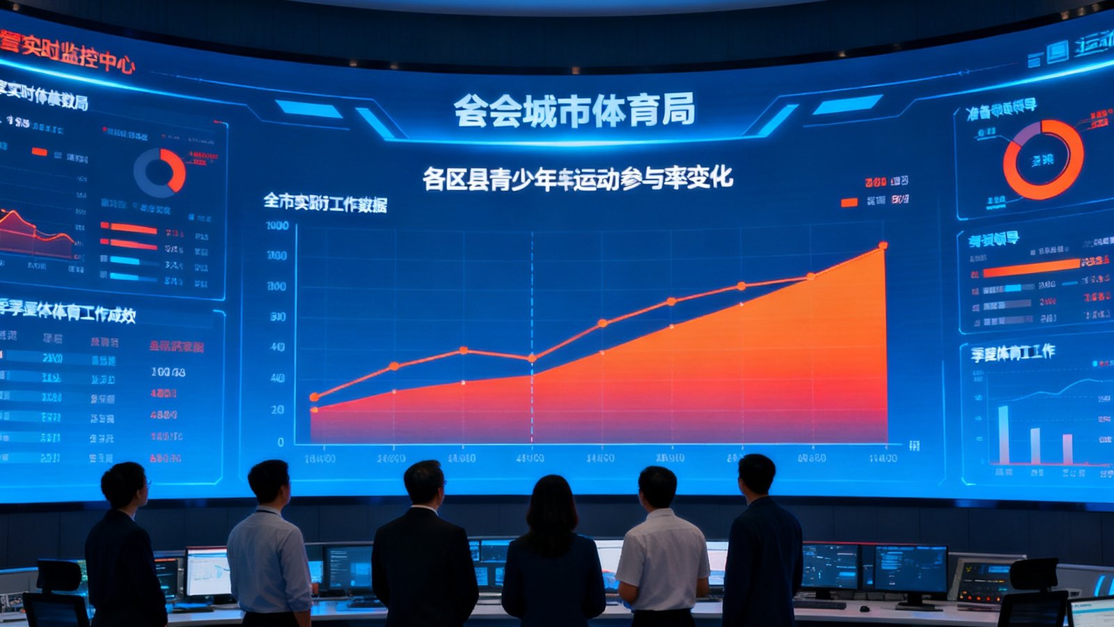 某省会城市体育局的监控中心内，一面巨大的弧形LED屏幕展示着全市实时运动数据，工作人员正在分析各区县青少年运动参与率变化趋势，准备向领导汇报季度体育工作成效。