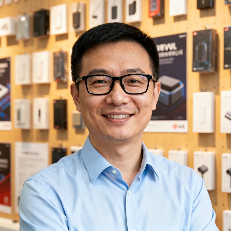彩神vl创始人兼CEO张毅，四十岁左右男性，戴着黑框眼镜，身穿浅蓝色衬衫，面带微笑，背景是公司产品展示墙，给人沉稳可靠的印象。