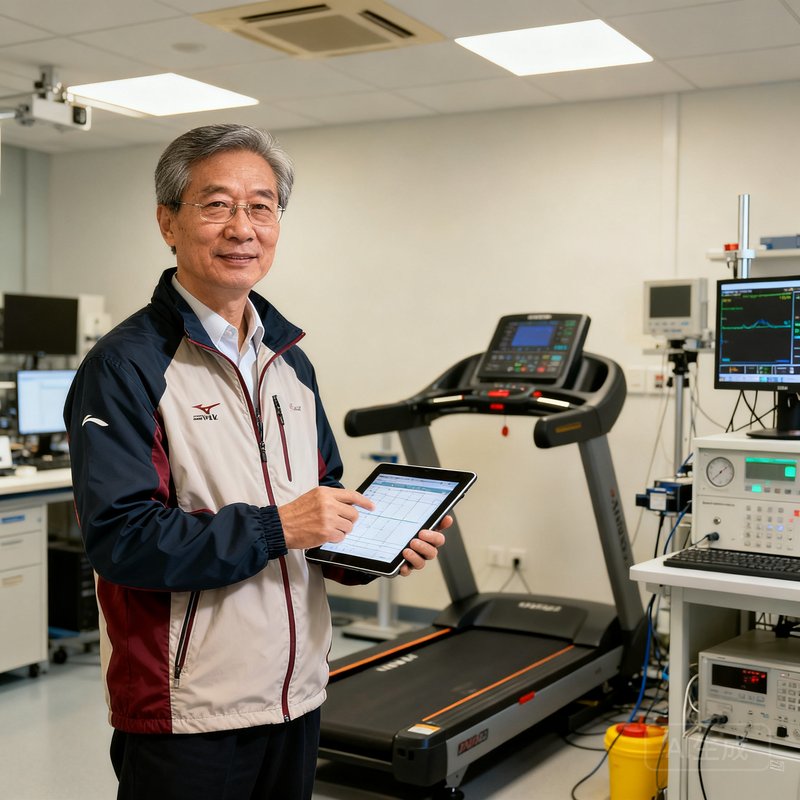 彩神vl运动科学首席顾问王建平教授，五十多岁男性，身穿运动夹克，在运动生理实验室内手持数据平板，身后是跑步机和各类监测设备。