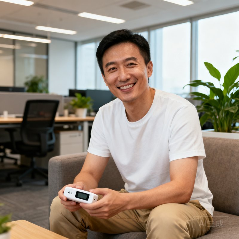 彩神vl产品总监陈明远，三十岁男性，穿着休闲白T恤和卡其裤，坐在开放式办公室的沙发上手持产品原型机，脸上带着亲和的笑容。